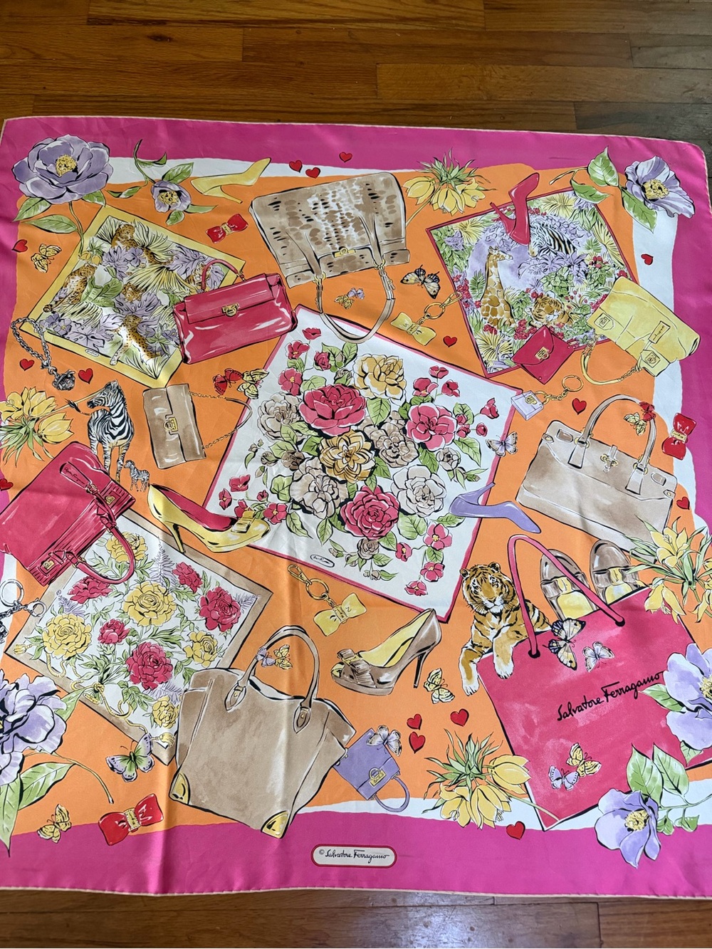 Salvatore Ferragamo Pink and Orange Floral & Handbag Silk Scarf